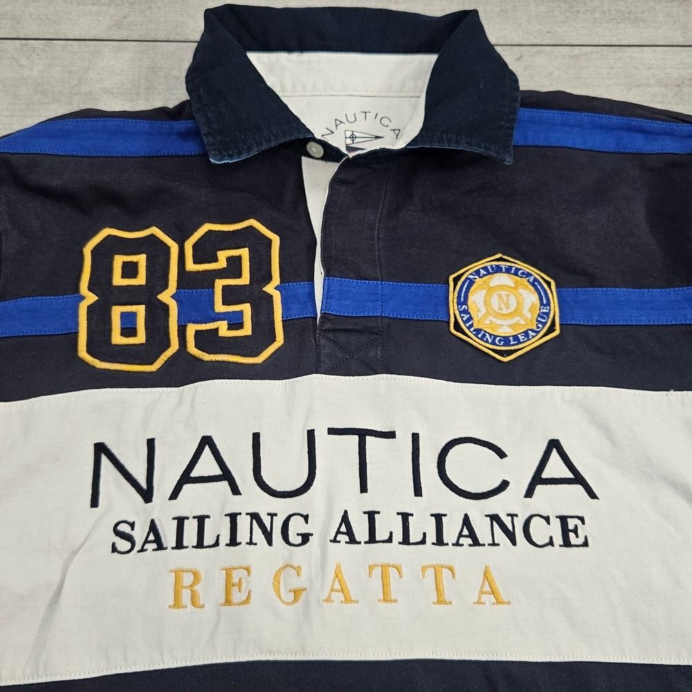 Nautica Mens Sailing Alliance Regatta Rugby Shirt‎ Navy Blue White Striped L